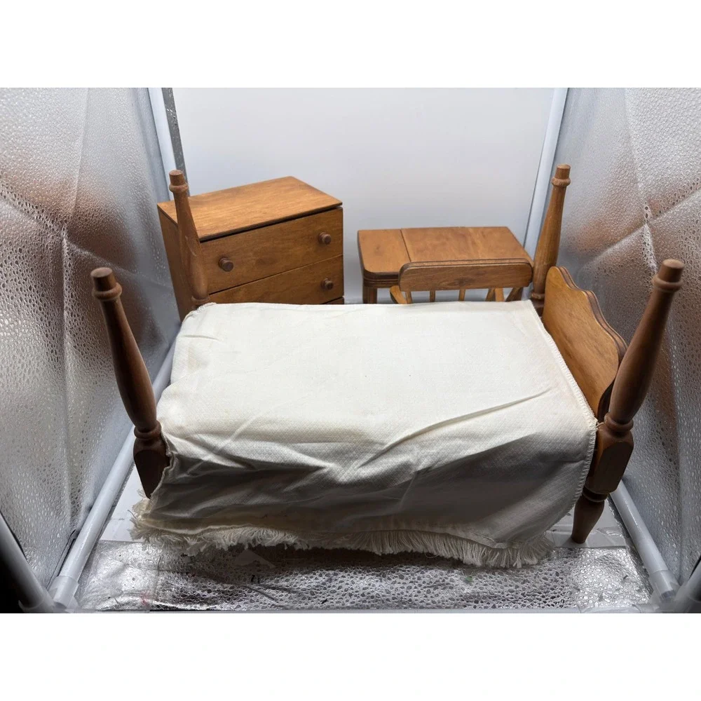 Vtg Hall's Lifetime Toys Wooden Dollhouse Bedroom Set Bed Dresser Table chair